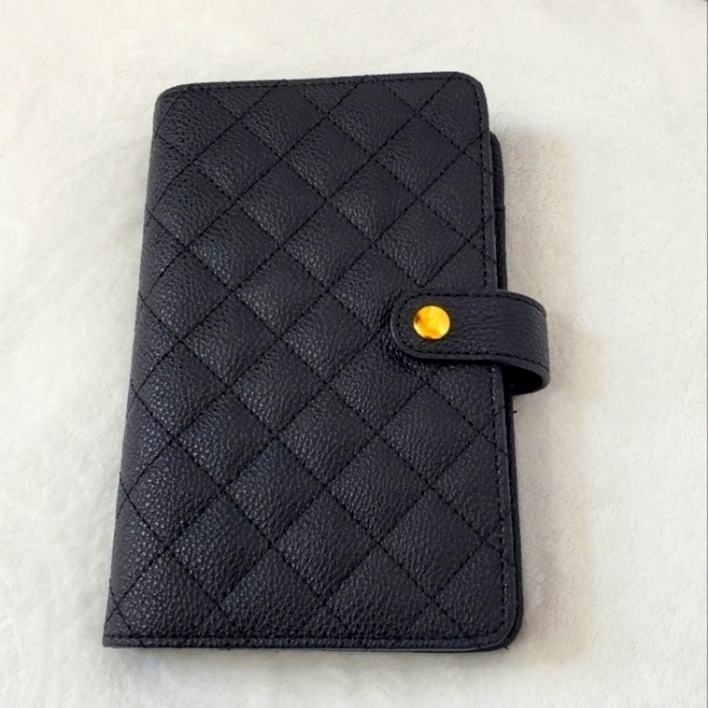 Black Quilted 6-Ring Agenda Planner MM Size Gold Hardware Refillable